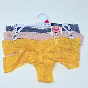 French Affair Yellow Pink Gray Lace Cheeky Panties 3 Pack Set